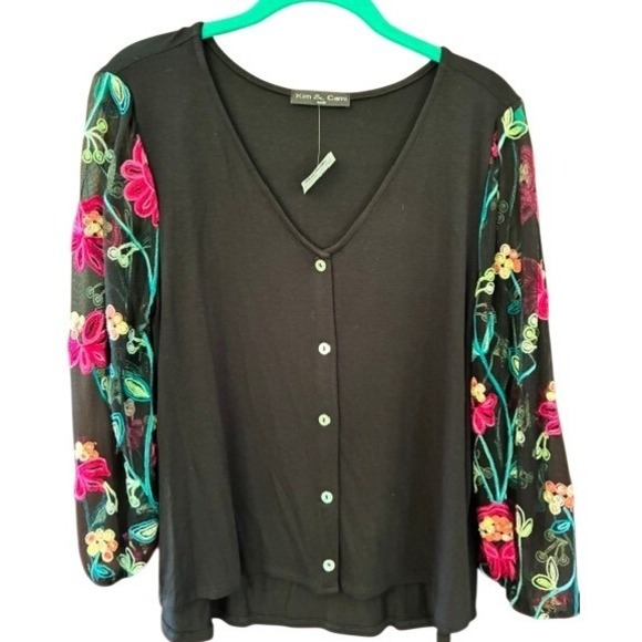 Kim & Cami Sweaters - Kim & Cami Embroidered Mesh Sleeve Cardigan Women Small Black New Floral V-Neck